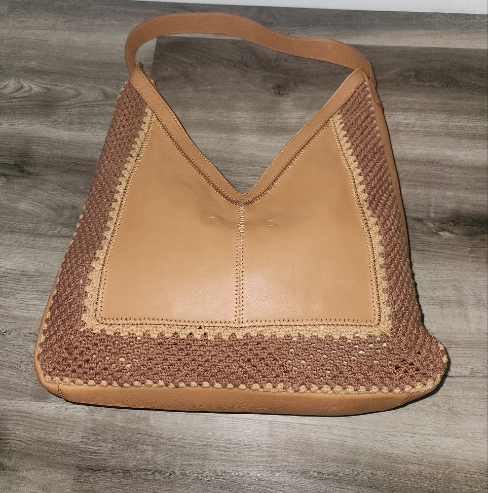 HOBO‎ Daisy Brown Crochet 100% Cow Leather Cotton Shoulder V Bag - Picture 4 of 10